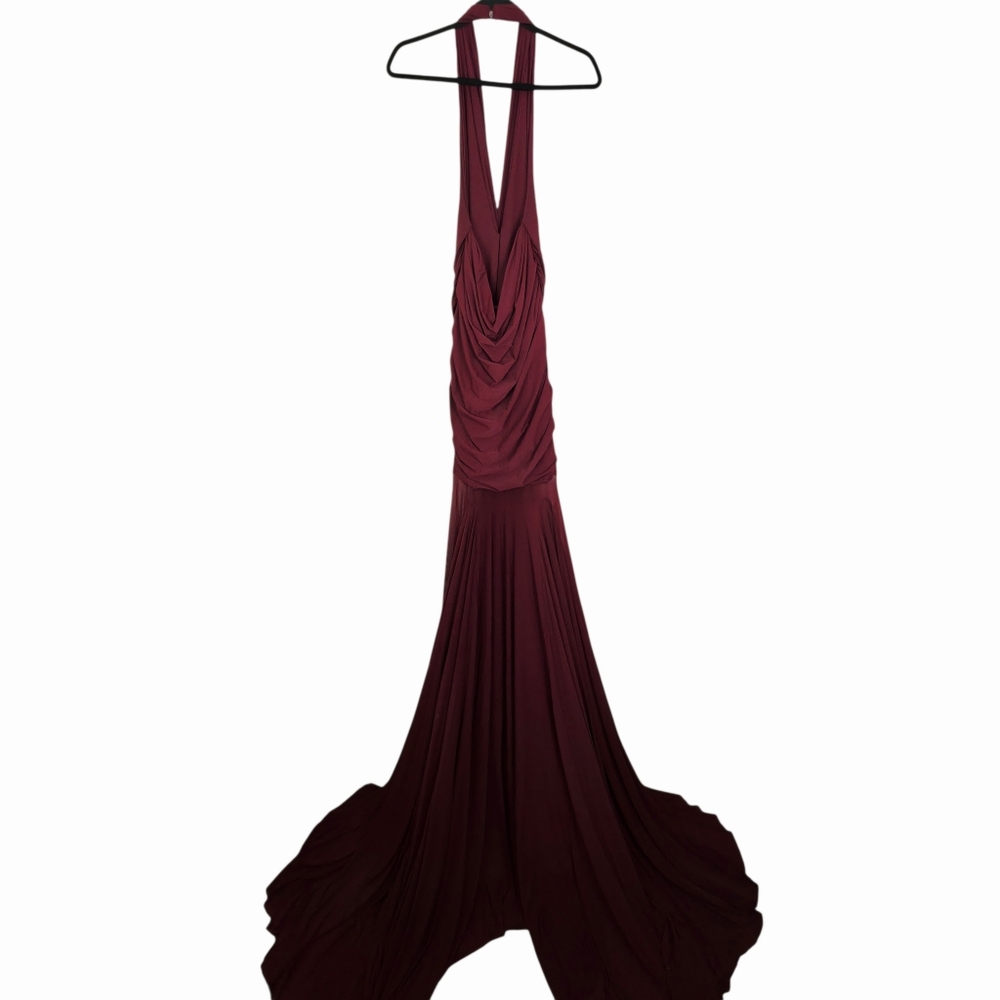 Deme by Gabriella Chloe Maxi Dress Burgundy Red Ruched Jersey Halter NWT Size M - Picture 8 of 11